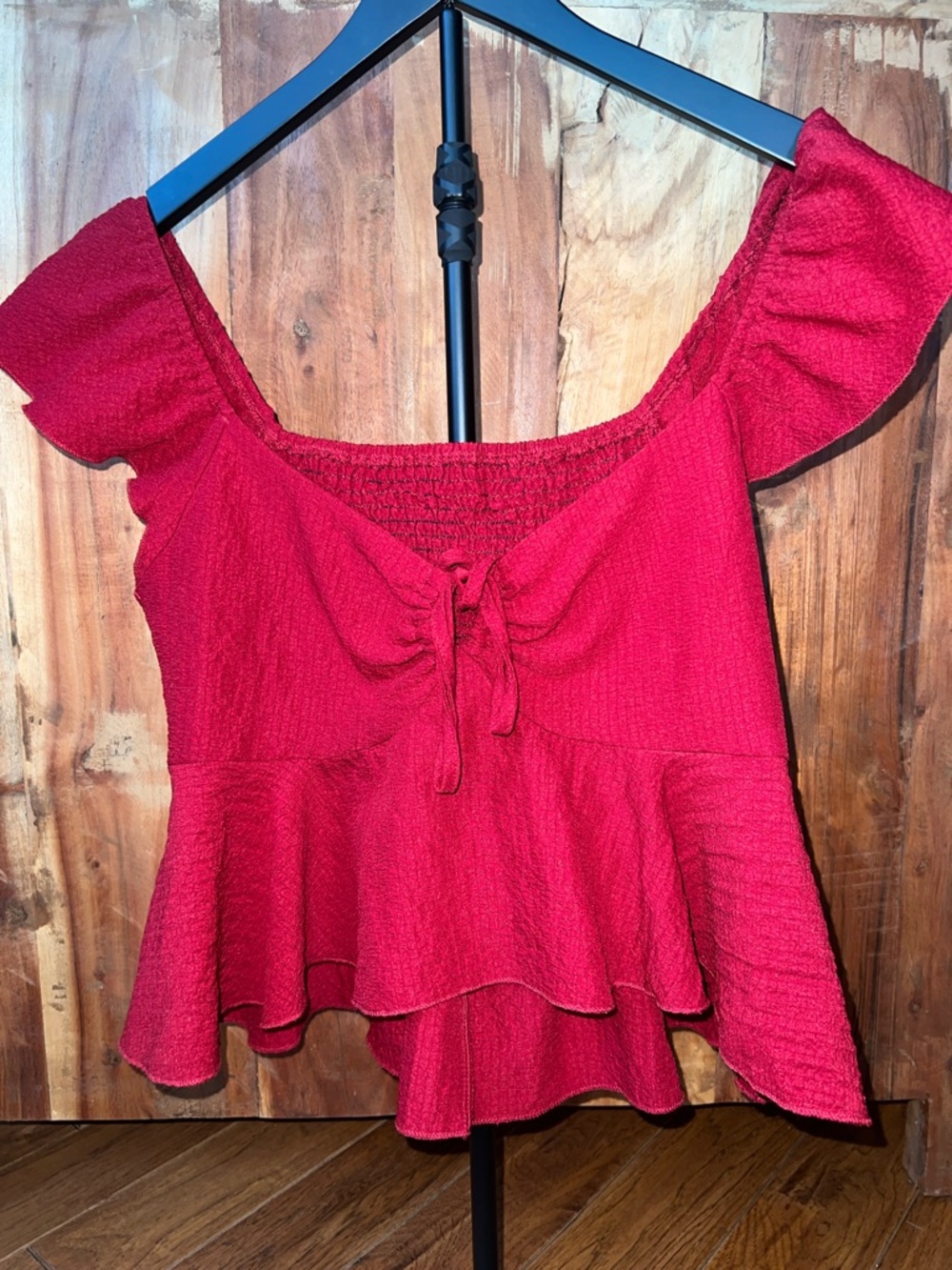 Red Ruffled Peplum Tie-Front Women's Top